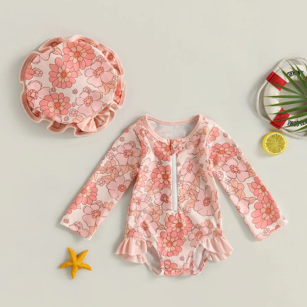 Maillot de Bain Bébé Fille Combinaison Zipper – Imprimé Flamant Rose Fleurs Manches Longues + Bandeau Été