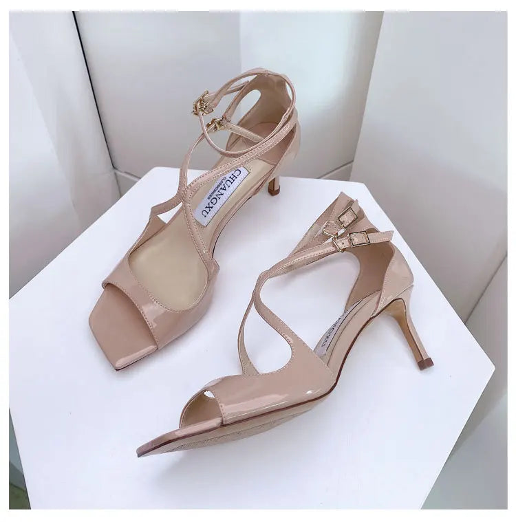 Sandales Gladiateur Sequins Luxe Femme 2025 – Bout Carré Hollow Talon Haut Designer