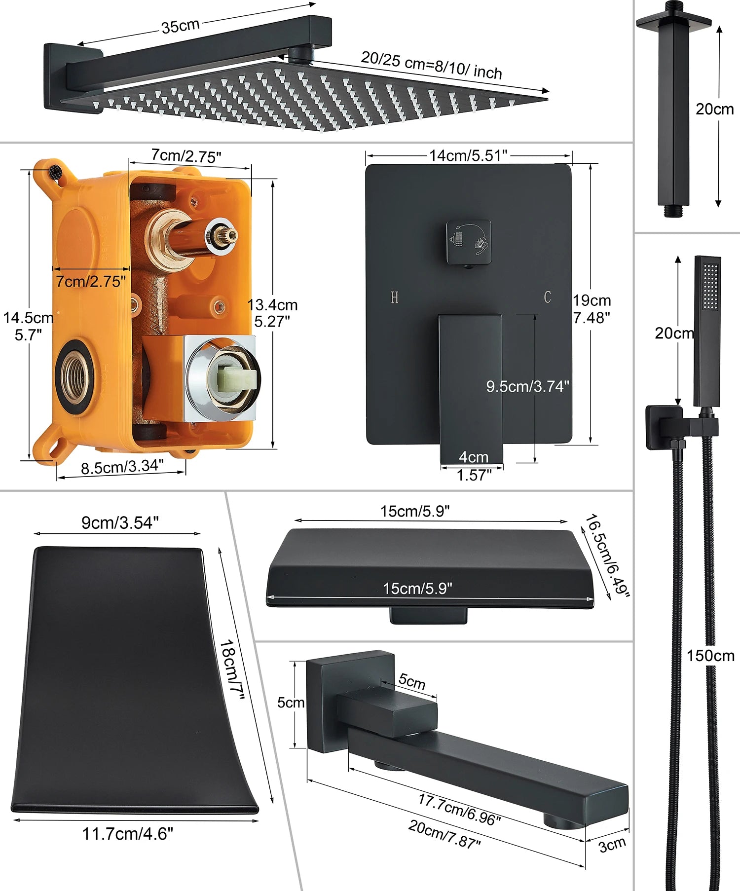 Ensemble Douche Encastré Noir Mat – 2-3 Voies, Mitigeur Caché, Pommeau Pluie | Salle de Bain Design