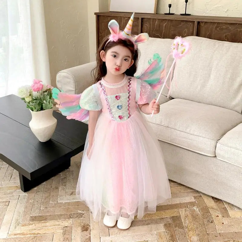 Robe Sirène Princesse Fille Paillettes Perles Manches Bouffantes – Déguisement Fête Halloween Cosplay