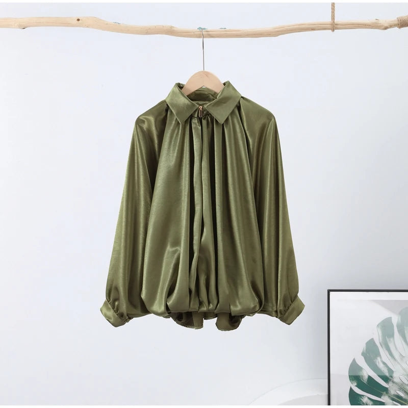 Veste Femme Suède Vert Élégante Manches Bouffantes Revers Fermeture Éclair Ample Plissée – Blouson Court Streetwear Printemps Automne | Mode 2025