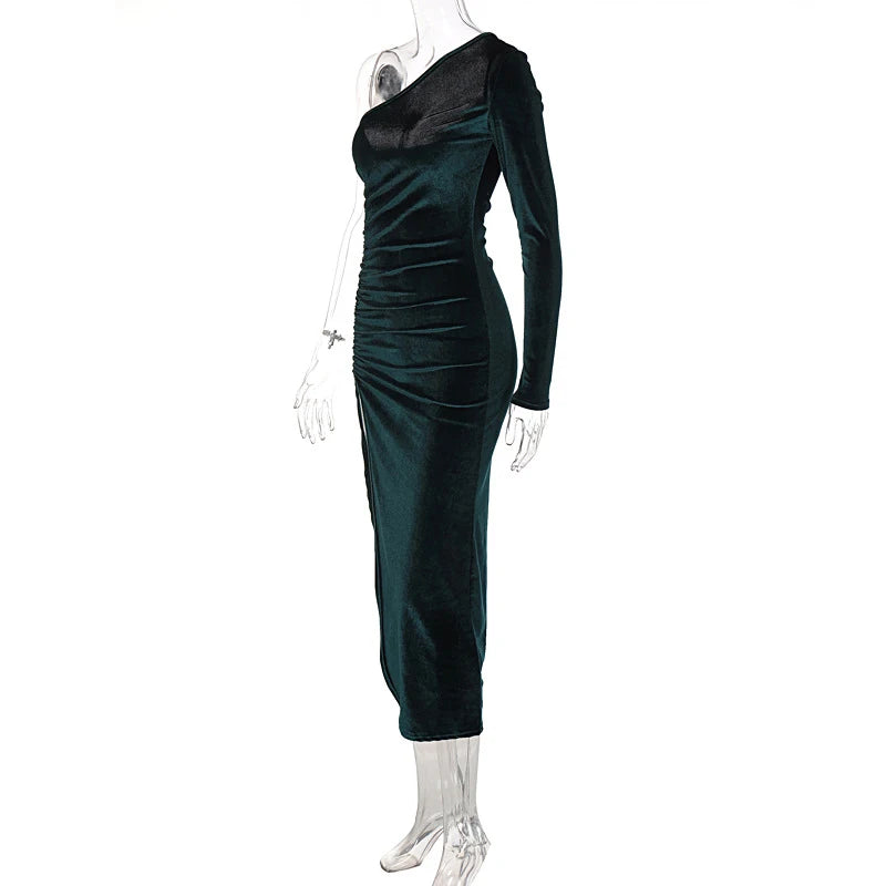 Elegantes Damen Samt Midi-Kleid Langarm Bodycon Schlitz Bleistift Abendkleid – Schickes Outfit Frühling Herbst | Glamour