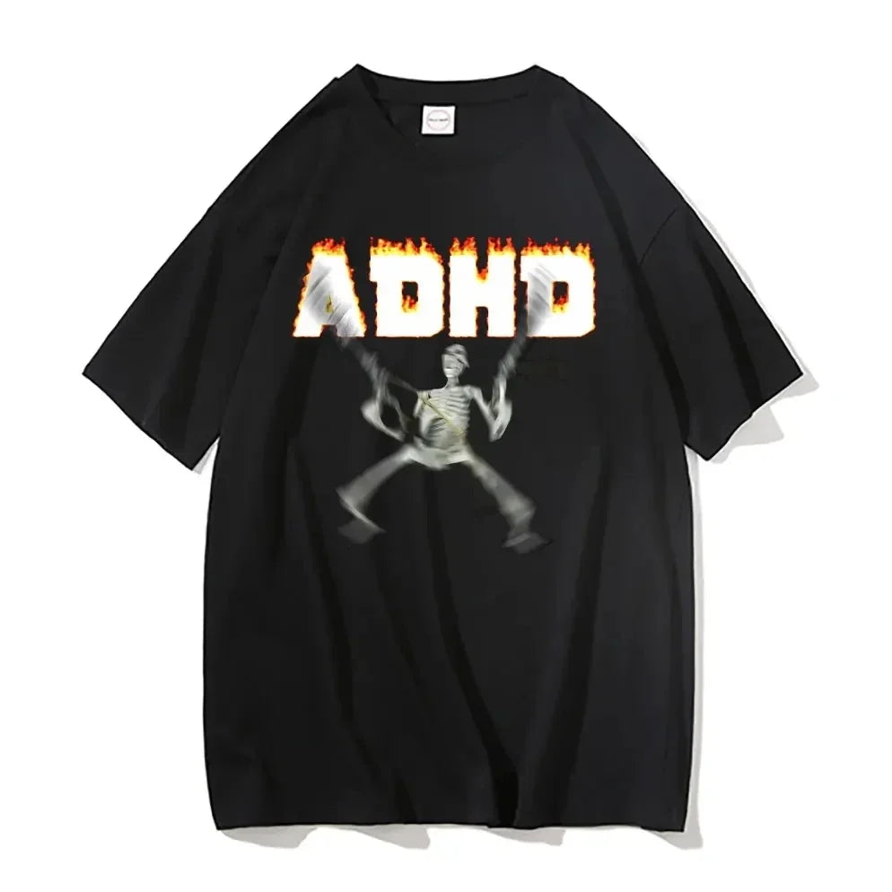 T-Shirt Squelette ADHD Meme Unisexe – Vintage Humour Horror Skull Oversize Hip Hop Été Homme & Femme | Streetwear Funny