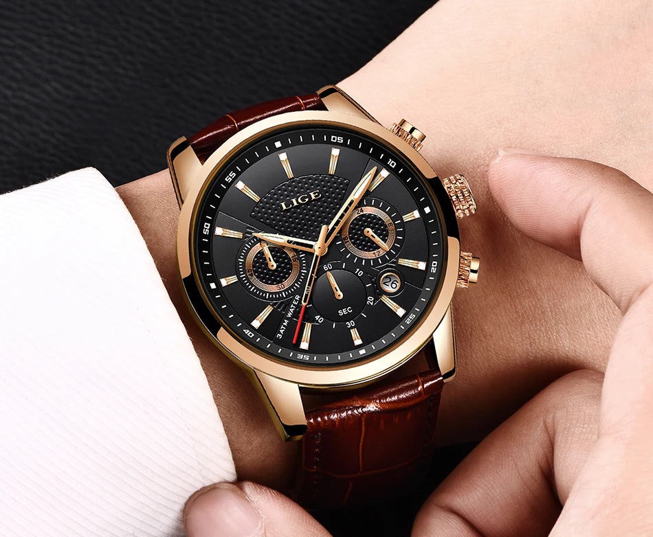 Montre Homme Luxe LIGE Chronographe Quartz Cuir – Business Sport Étanche Date 2025
