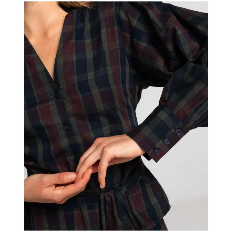 Ensemble 2 Pièces Femme Veste À Carreaux Manches Lanterne Lacets Plissée & Jupe Longue – Tenue Bureau Casual Chic Élégante | Mode
