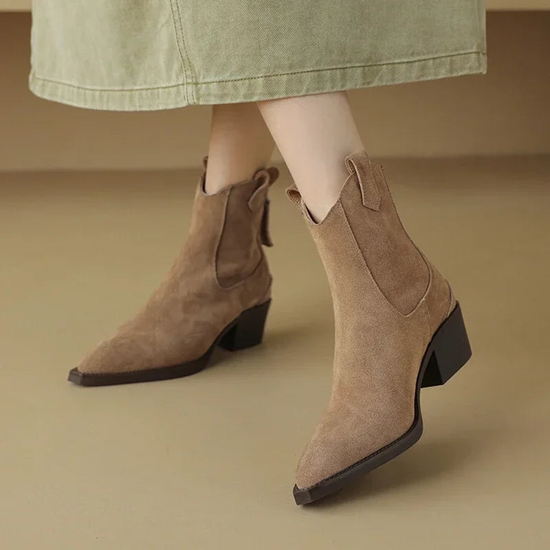 Bottes Suède Vache Chunky Heel Western Femme – Bout Pointu Noir Zip Concis Automne