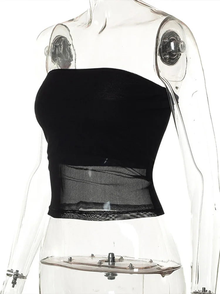 Crop Top Corset Femme Noir Mesh Patchwork Sans Bretelles Épaules Dénudées Slim Sexy – Streetwear Été | Cami