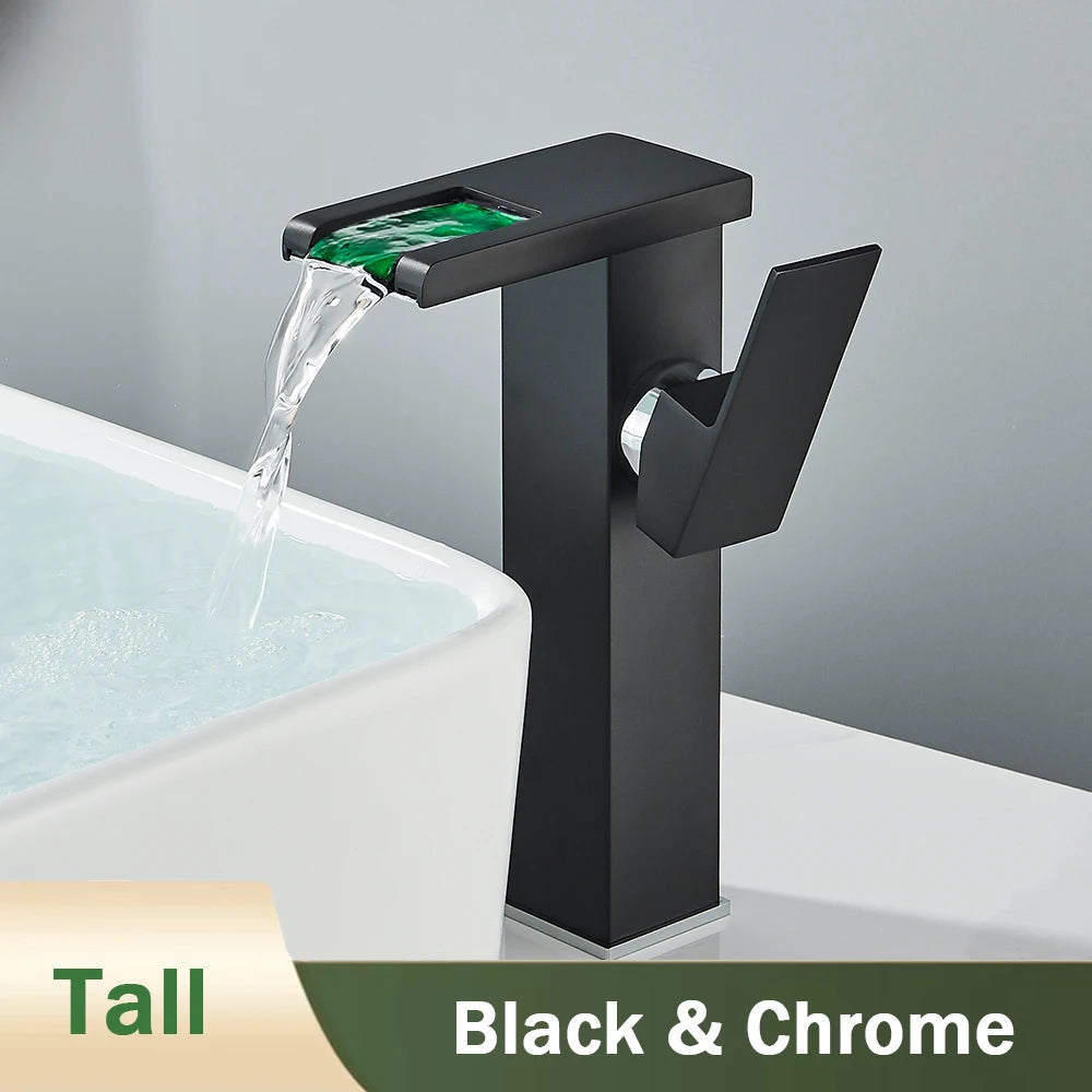 Rozin Robinet Lavabo Noir LED Cascade Hydroélectrique – Mitigeur Eau Chaude & Froide, Lumière LED Automatique | Vasque Design