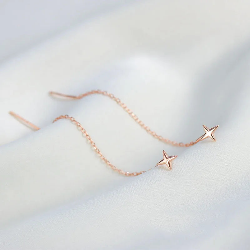 Boucles d'Oreilles Pendantes Longues Chaîne Étoile Argenté – Aiguille Droite Piercing | Style Minimaliste Tendance | Bijou Femme Mode & Soirée