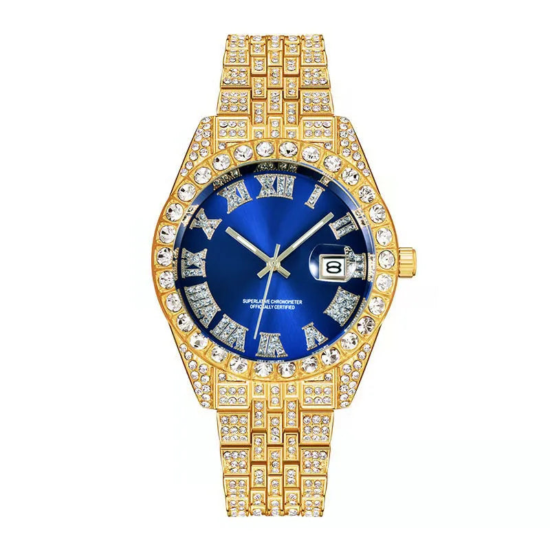 Montre Homme Hip Hop Diamant Fashion Bracelet Alliage Dorée Luxe Date Quartz Tendance Streetwear Bling | Montre Hip Hop Diamant Dorée Premium