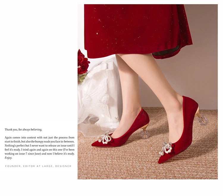 Chaussures Mariée Perle Talon Épais Bout Pointu – Xiuhe Robe Mariage Confortables