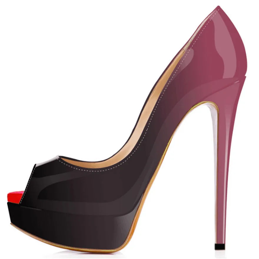 LOSLANDIFEN Escarpins 14CM Plateforme Peep Toe Gradient – Cuir Verni Rouge Mariage Fête