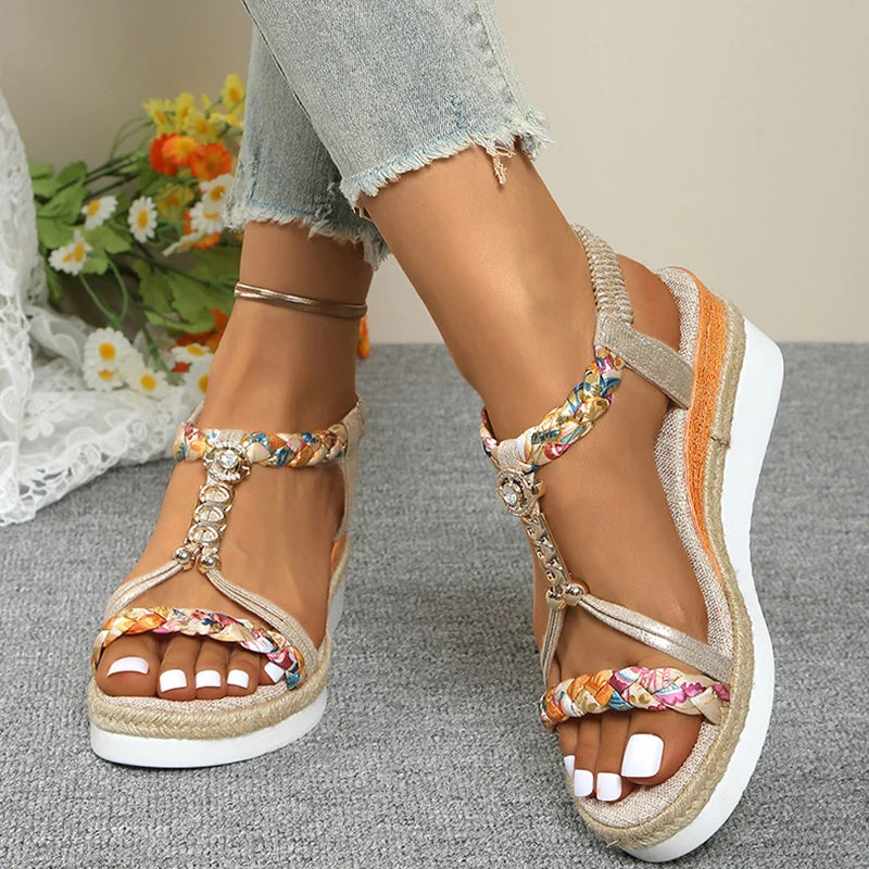 Sandales T-Strap Wedge Mix Color Femme – Bande Élastique Plateforme Bout Ouvert Été