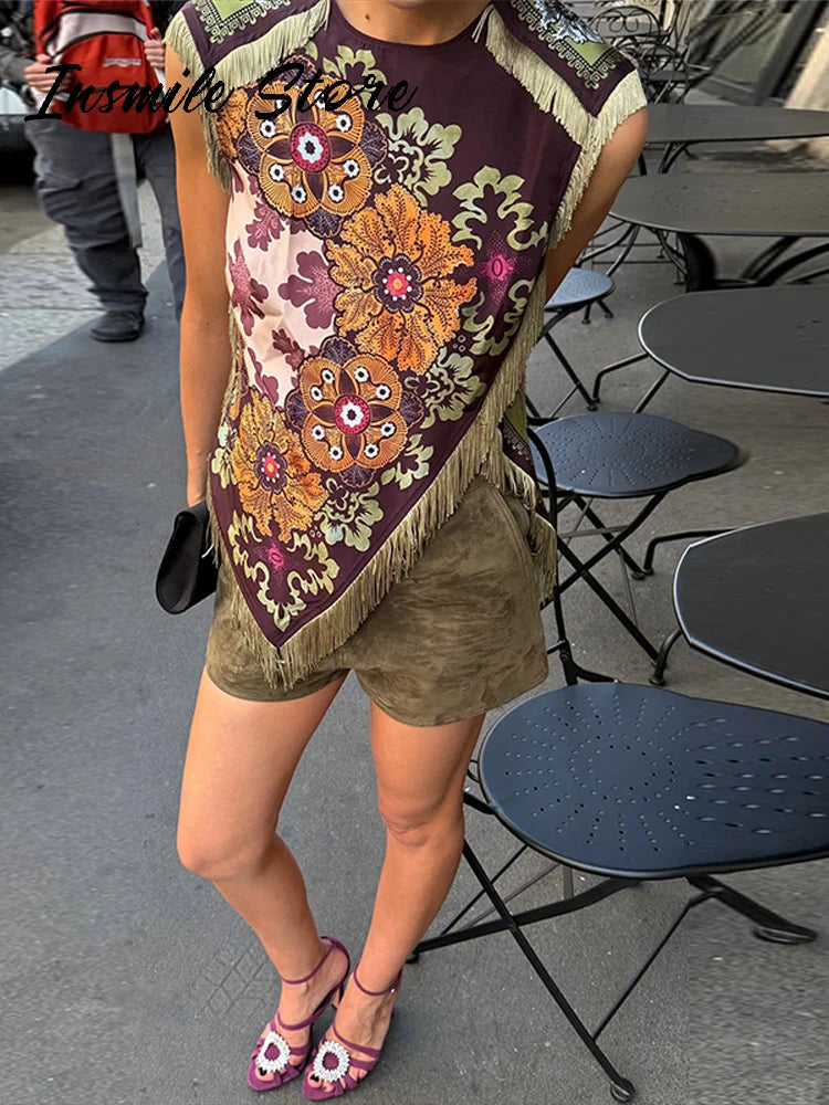 Top Gilet Imprimé Franges Irrégulier Femme Sans Manches – Style Y2K Casual Plage | Été 2026