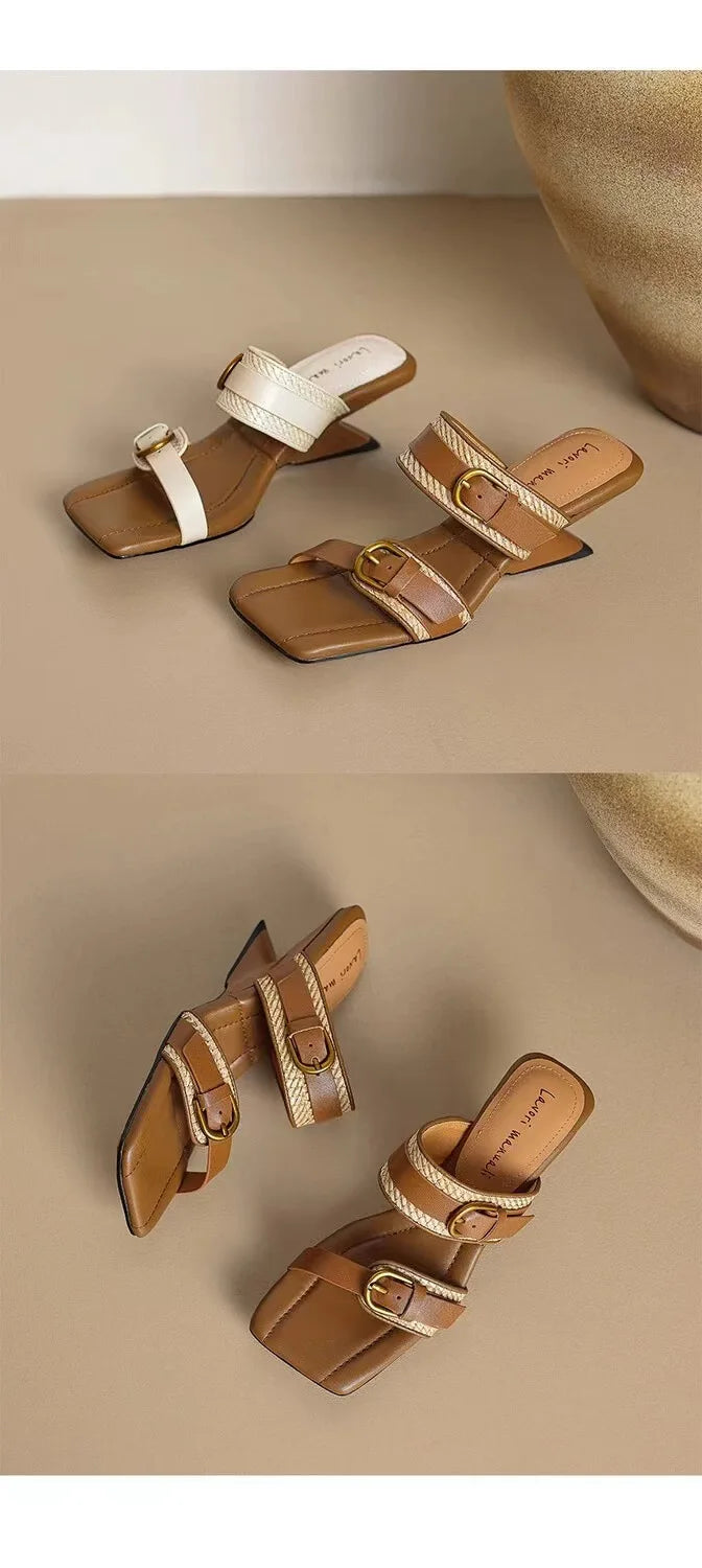 Wedges Vintage Tressé Bout Carré Femme – Boucle Ceinture Bout Ouvert Talon Haut Été