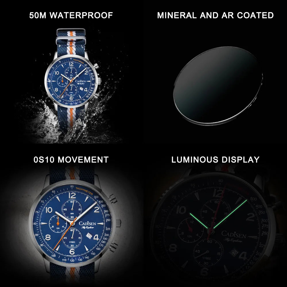 Montre Homme Luxe CADISEN Chronographe Quartz Japonais MIYOTA Bracelet Toile – Étanche Fashion