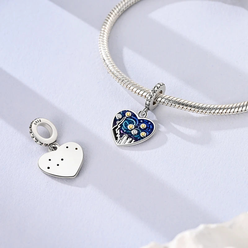 Charm Argent 925 Bleu Rotatif – Œil Démon, Main, Lune & Ciel Étoilé | Perle Pendentif Bracelet Femme | Bijou Spirituel & Mystique