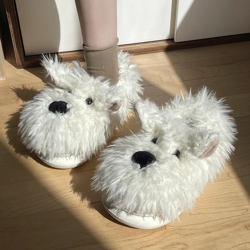 Chaussons Chien Cartoon Plush Hiver Femme – Coton Chaud Non-Slip Intérieur Maison