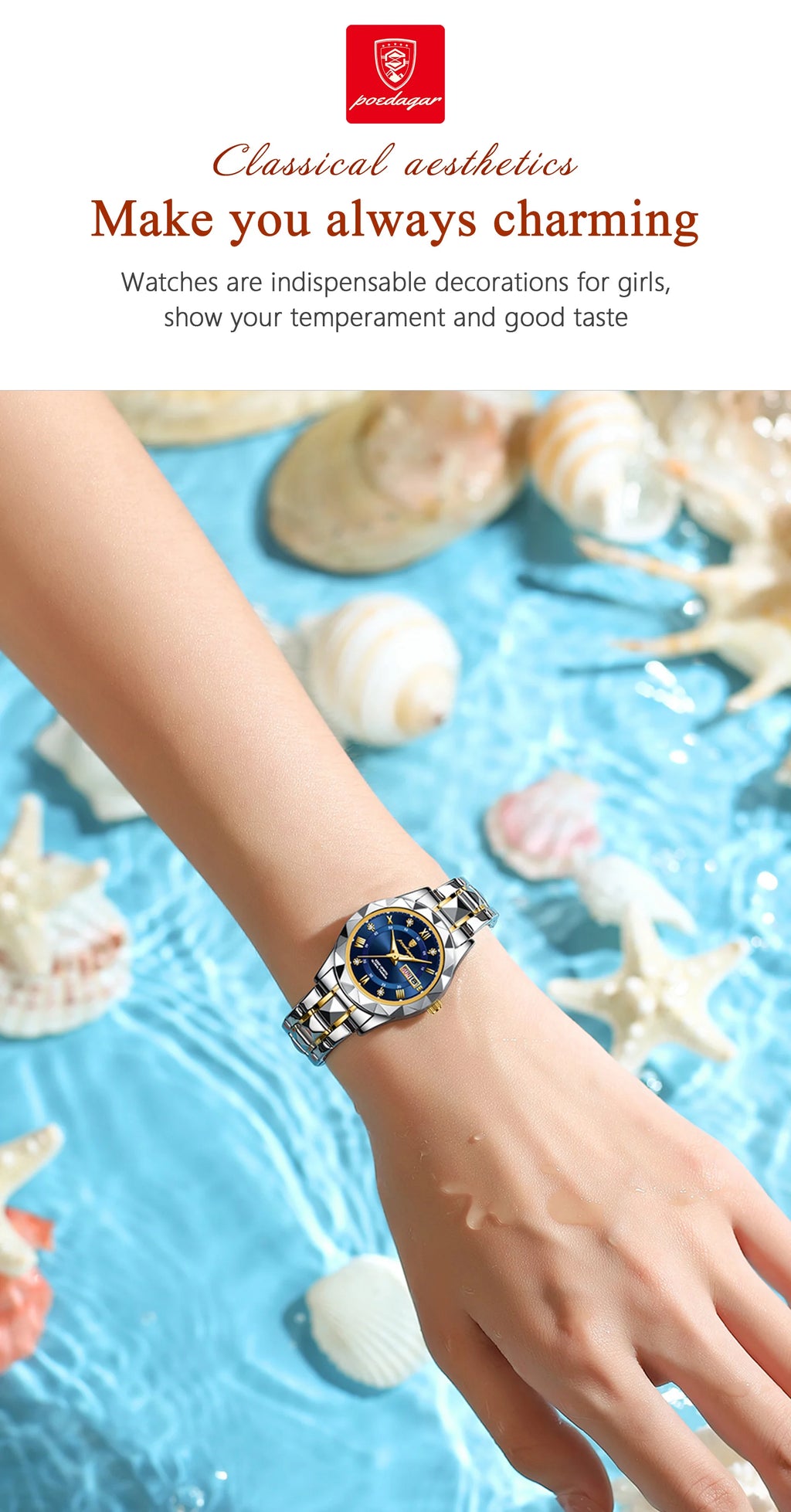 Montre Femme POEDAGAR Casual Quartz Lumineuse – Acier Inoxydable Étanche Date Semaine Fashion