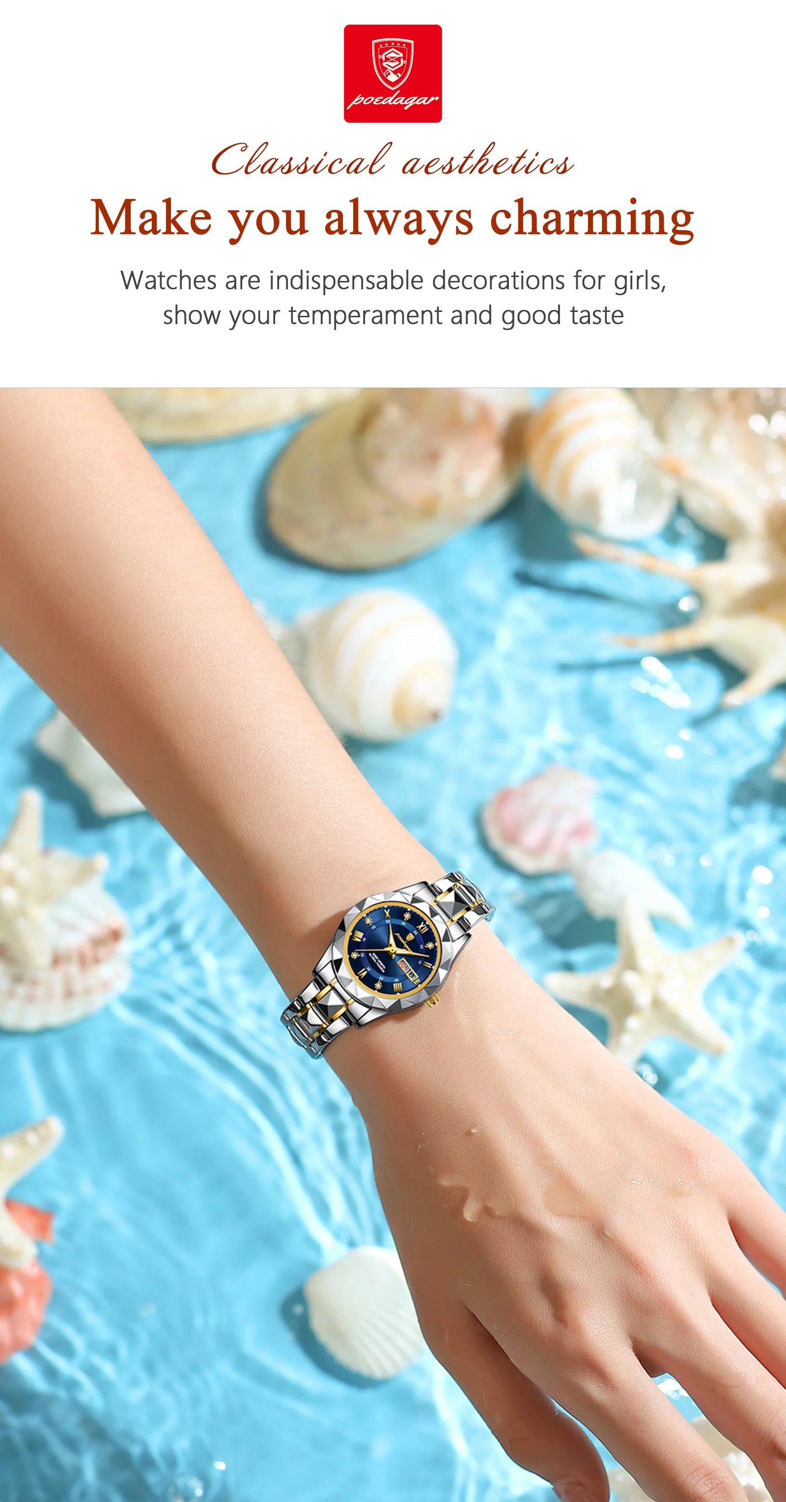 Montre Femme POEDAGAR Casual Quartz Lumineuse – Acier Inoxydable Étanche Date Semaine Fashion