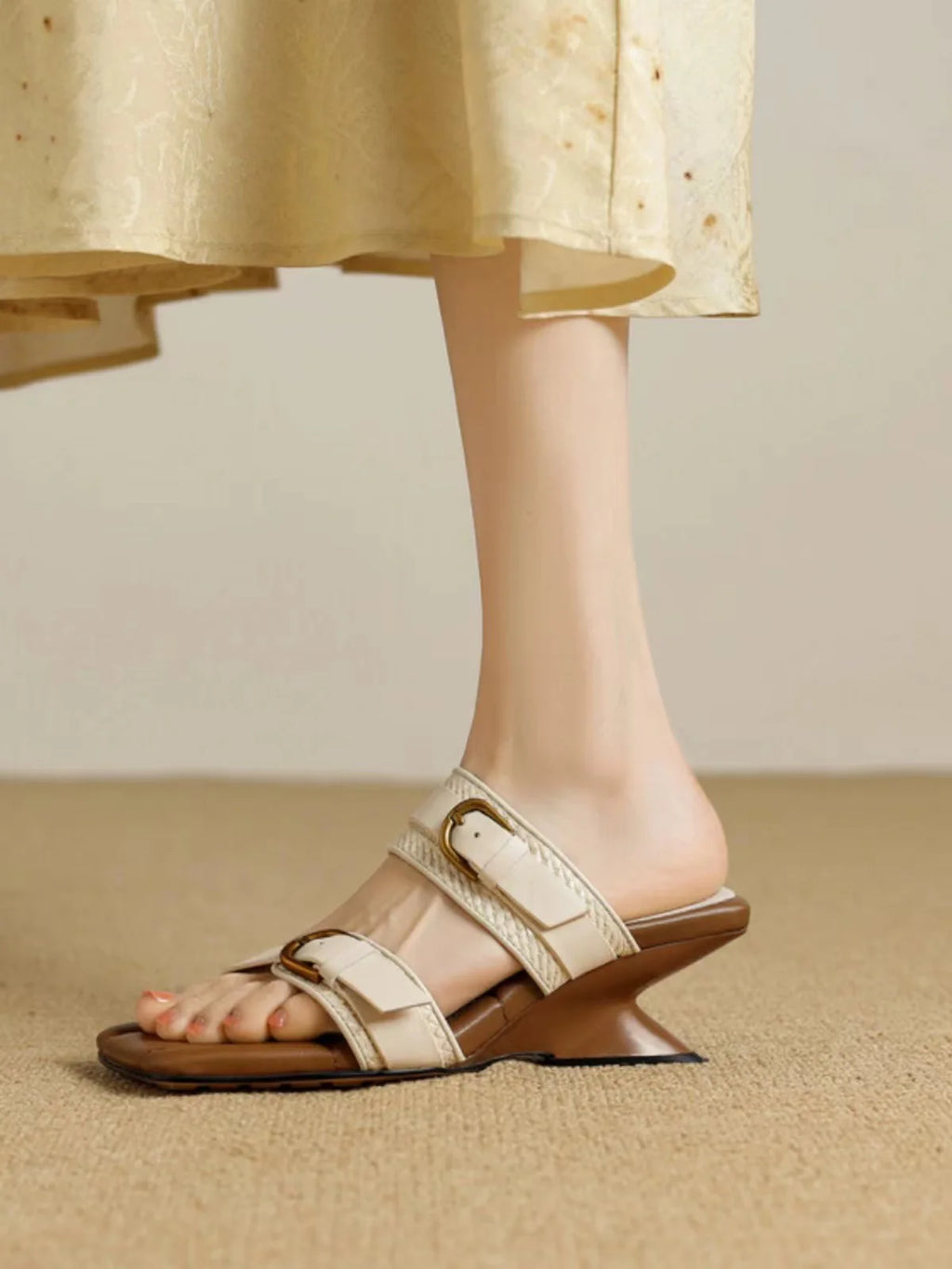 Wedges Vintage Tressé Bout Carré Femme – Boucle Ceinture Bout Ouvert Talon Haut Été