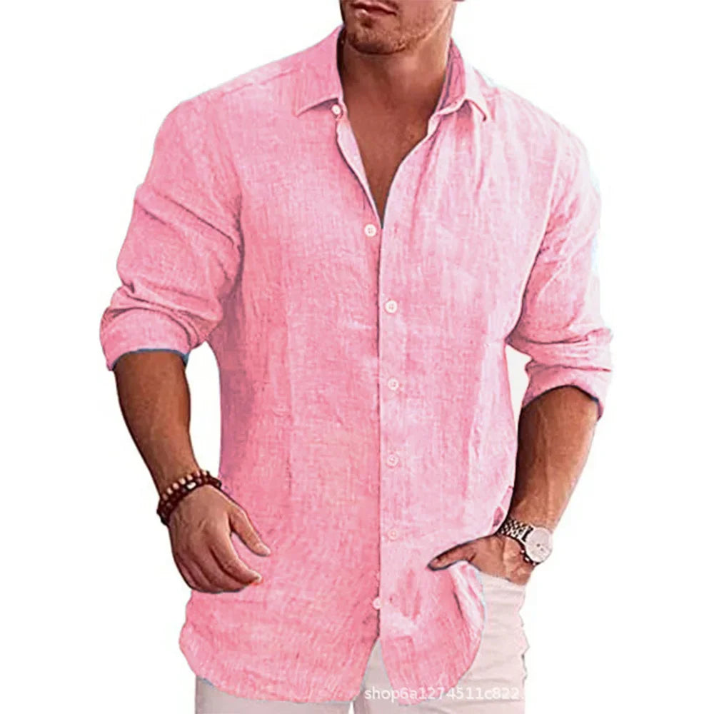 Chemise Homme Lin Coton Manches Longues Couleur Unie Casual Resort Style Polyvalente Automne Élégante Respirante – Chemise Lin Premium Toutes Saisons | Mode Homme Premium
