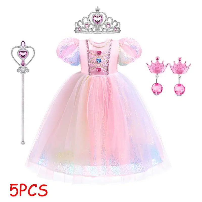 Meerjungfrau Prinzessin Kleid Mädchen Pailletten Perlen Puffärmel – Faschingskostüm Halloween Cosplay