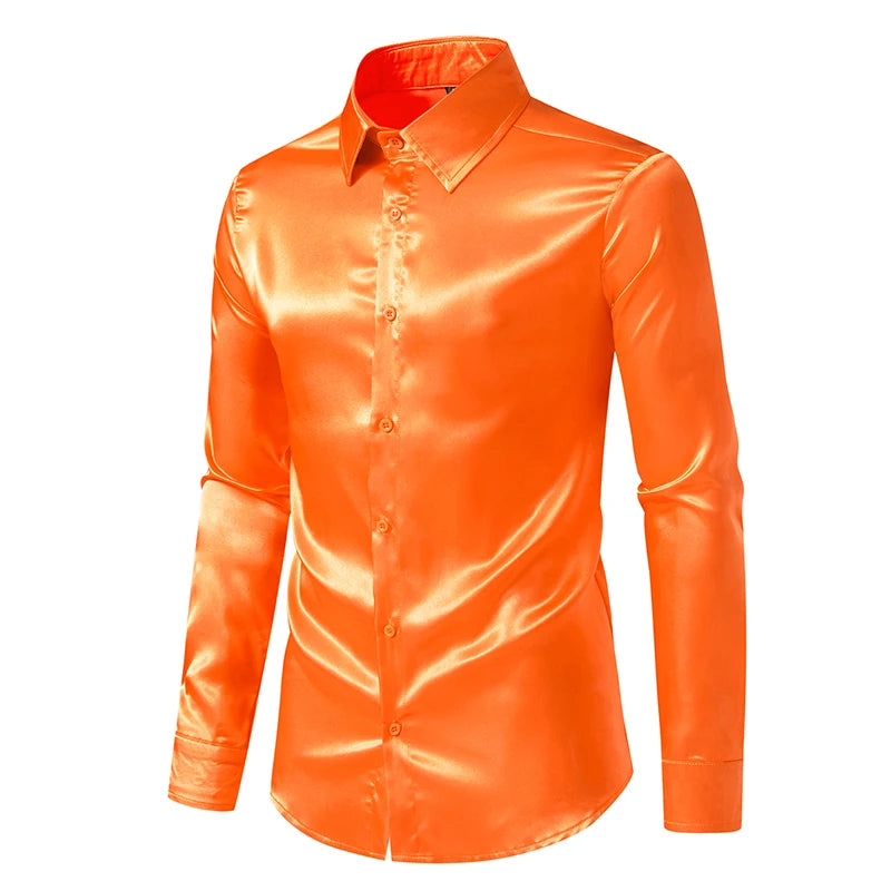 Chemise Homme Satin Noir Luxe Soie Lisse Tuxedo Mariage Soirée Prom Casual Business Bureau Élégante Couleur Unie Premium – Chemise Satin Luxe Cérémonie | Mode Homme Luxe Cérémonie Premium