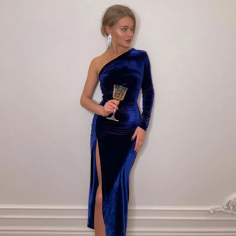 Elegantes Damen Samt Midi-Kleid Langarm Bodycon Schlitz Bleistift Abendkleid – Schickes Outfit Frühling Herbst | Glamour