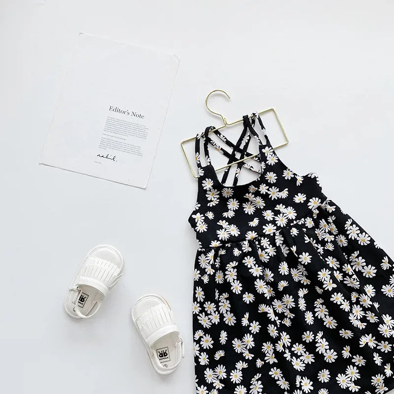 Robe Fille Imprimée Marguerites Sans Manches – Robe Casual Été Enfant Fleurs Mariage 2-6 Ans