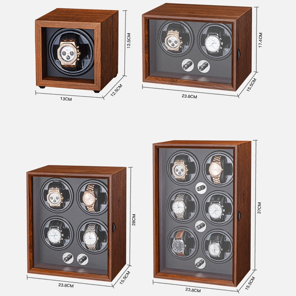 Remontoir Montre Automatique 1/2/4/6 Slots Boîte Bois Moteur Silencieux LED Bleue Vitrine Bijoux Premium | Remontoir Montre Automatique Bois LED Premium