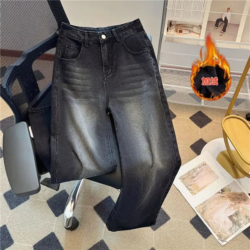 Damen-Jeans Warme Fleece-Hose Gerader Schnitt Schmal Samtig Weich Vintage – Bequeme gefütterte Denim-Hose | Winter