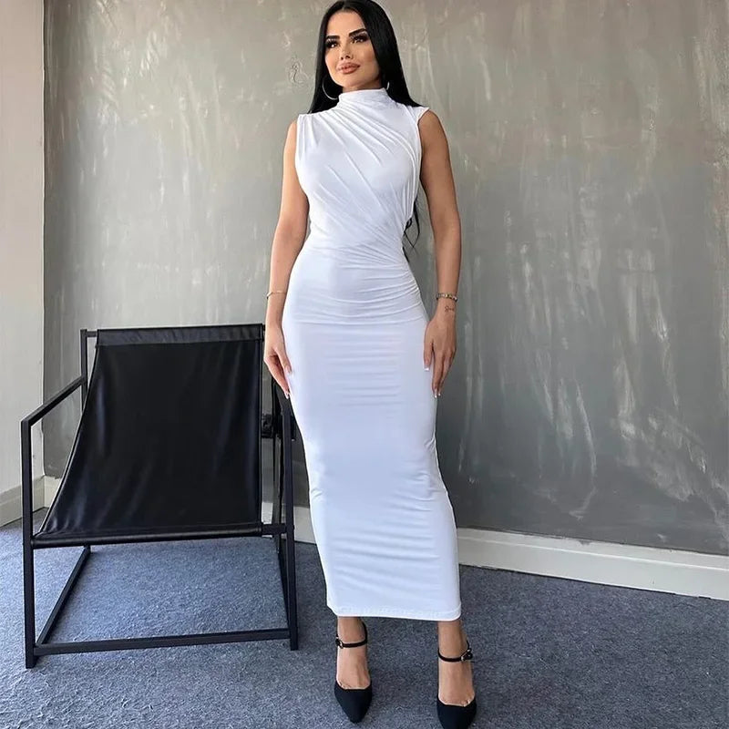 Damen Maxikleid Weiß Plissiert Ärmellos Rundhals – Schlank Machend Elegant | Sommerabend