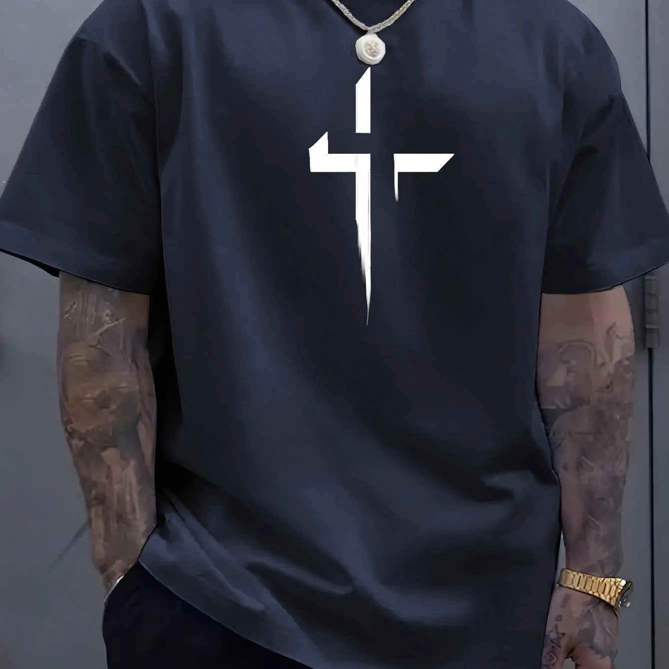 T-Shirt Homme 100% Coton Pur Imprimé Croix Créatif Loose Grande Taille Col Rond Manches Courtes Sport Casual Été Confortable | Mode Homme Tendance