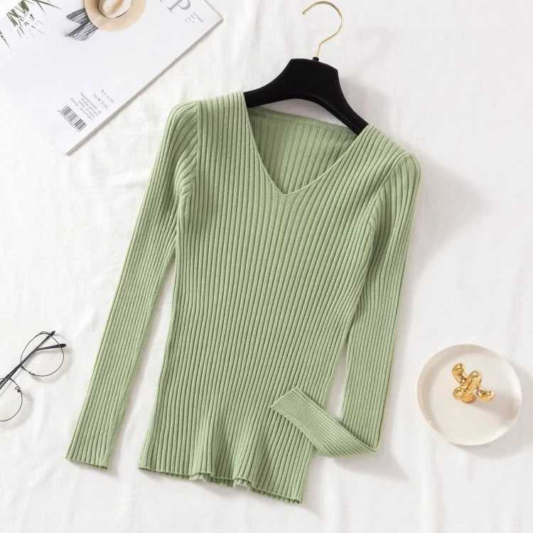 Pull Femme Col V Tricoté Manches Longues Casual Uni Basique – Sweater Chaud Confortable Automne Hiver | Mode Intemporelle