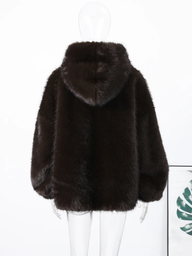 Manteau Fourrure Synthétique à Capuche Femme – Pull Oversize Chaud Marron | Mode Streetwear Automne Hiver