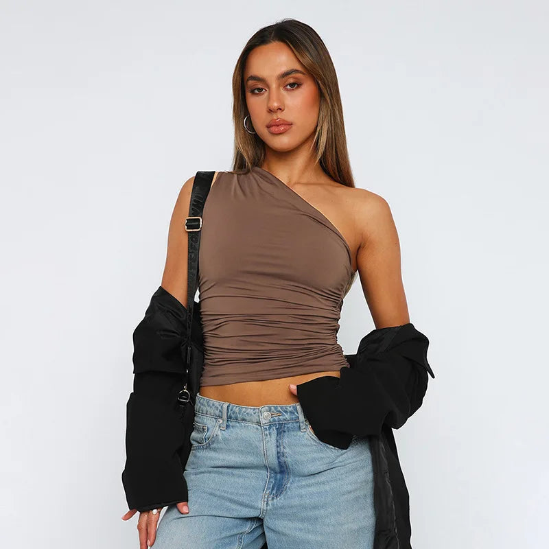 Top Une Épaule Dos Nu Femme – Couleur Bonbon Ajusté Sans Manches | Sexy Casual Été
