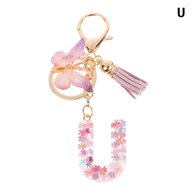 Porte-Clés Lettre Initiale Sequins Femme – Pendentif Papillon Pompon Sac Voiture Bijou