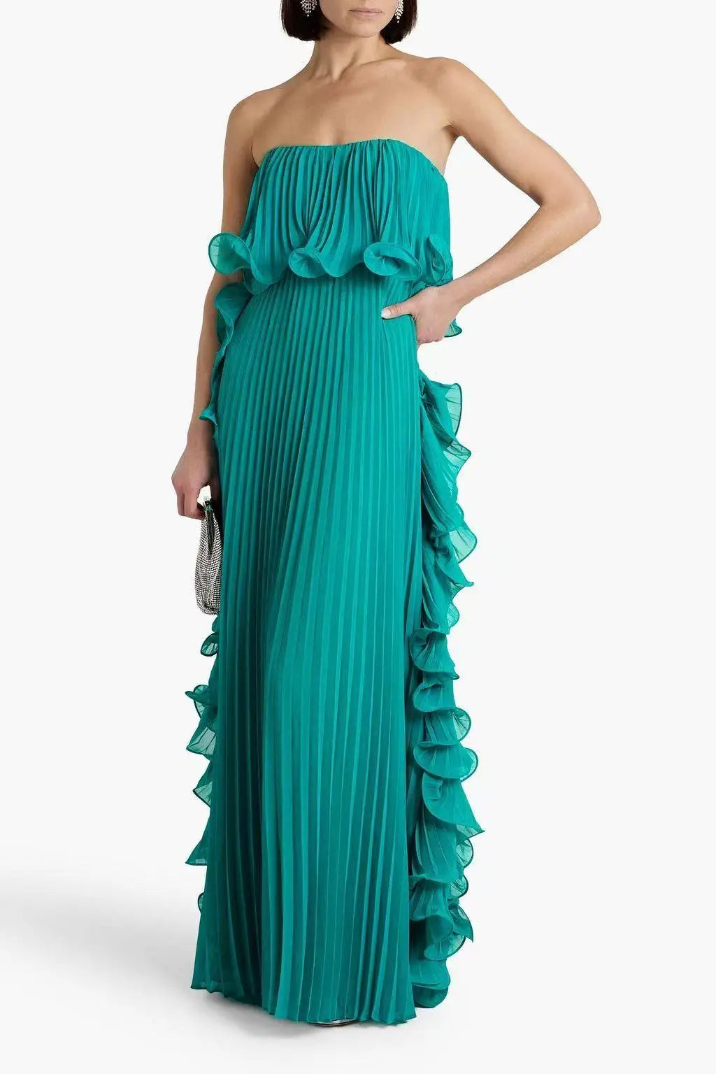 Robe Longue Femme Orange Chiffon Plissée Volants Sans Bretelles – Élégante Plage & Soirée | Été