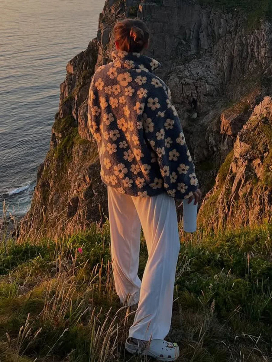 Sweat Femme Sherpa Floral Demi-Zip Ample Chaud – Pull Douillet & Tendance | Automne Hiver