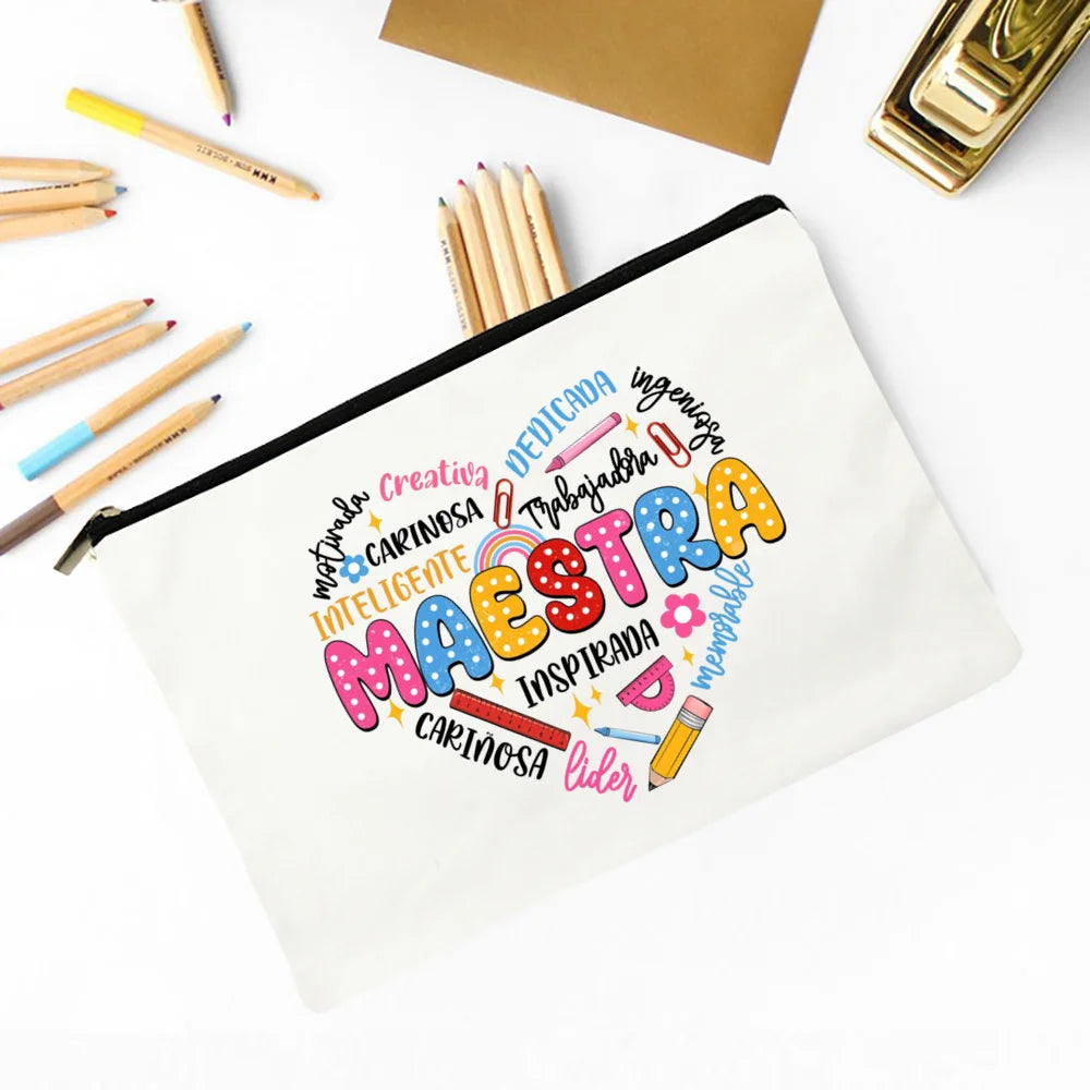 Trousse Maquillage Maestra Imprimé Coeur Espagnol – Organisateur Voyage & Crayon | Cadeau Enseignante