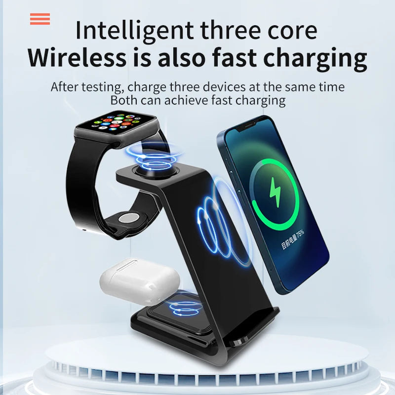 Chargeur 3-en-1 Stand Charge Rapide – iPhone 17-12 Apple Watch 6-8 iWatch AirPods Pro