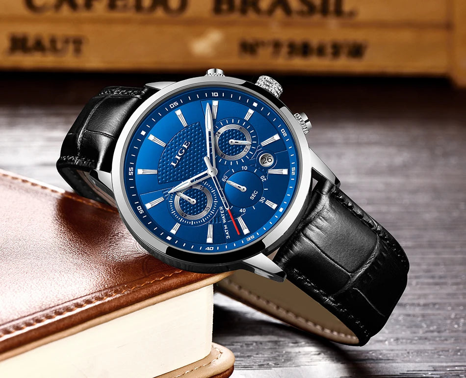 Montre Homme Luxe LIGE Chronographe Quartz Cuir – Business Sport Étanche Date 2025