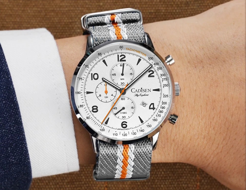 Montre Homme Luxe CADISEN Chronographe Quartz Japonais MIYOTA Bracelet Toile – Étanche Fashion