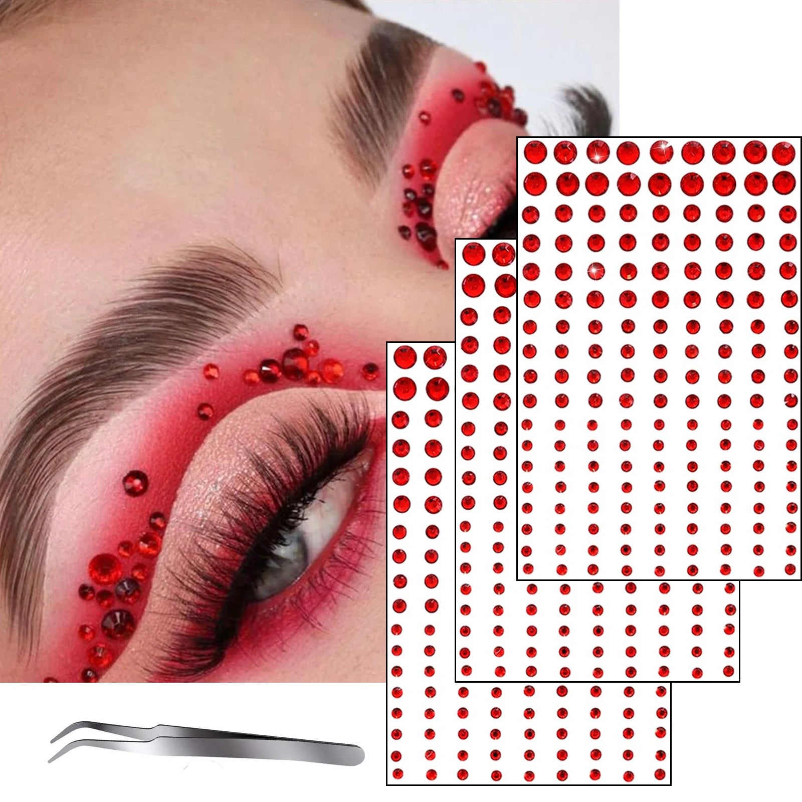 3 Planches Strass Visage Noël Rouge – Stickers Autoadhésifs Bijoux Yeux 3-6mm | Maquillage DIY Piercing Fantaisie