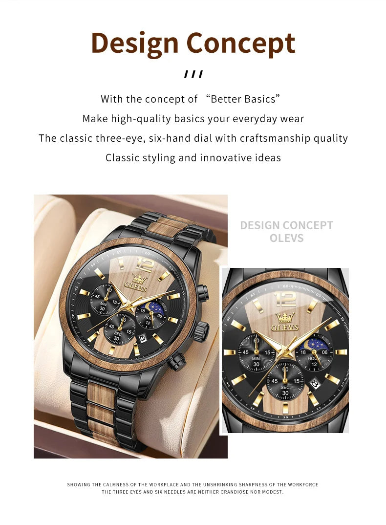 Montre Homme OLEVS Luxe Quartz – Bracelet Acier & Bois Santal Rouge Lumineux Étanche Calendrier