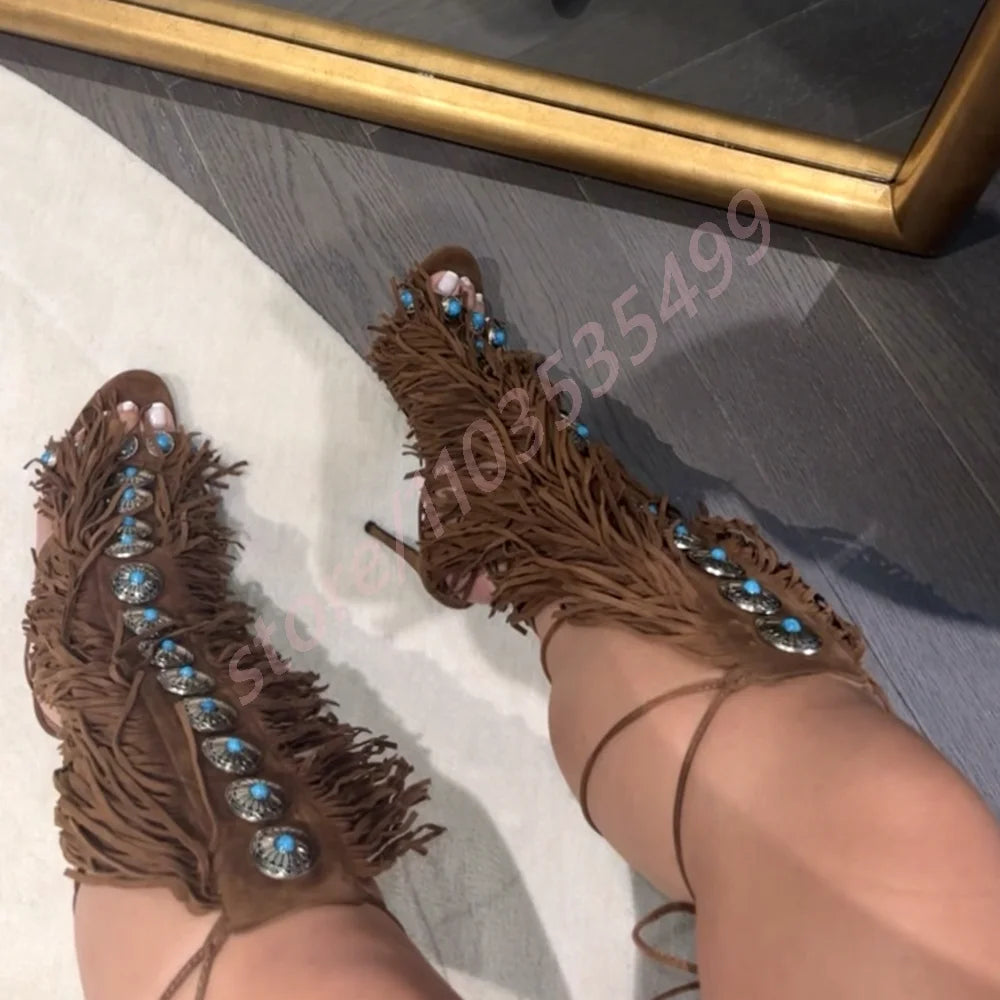 Bottes Gland Gemmes Catwalk Stiletto Femme – Luxe Romain Bout Ouvert Scène Mode