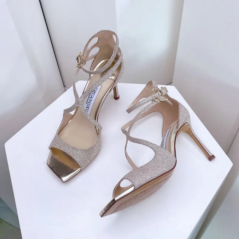 Sandales Gladiateur Sequins Luxe Femme 2025 – Bout Carré Hollow Talon Haut Designer