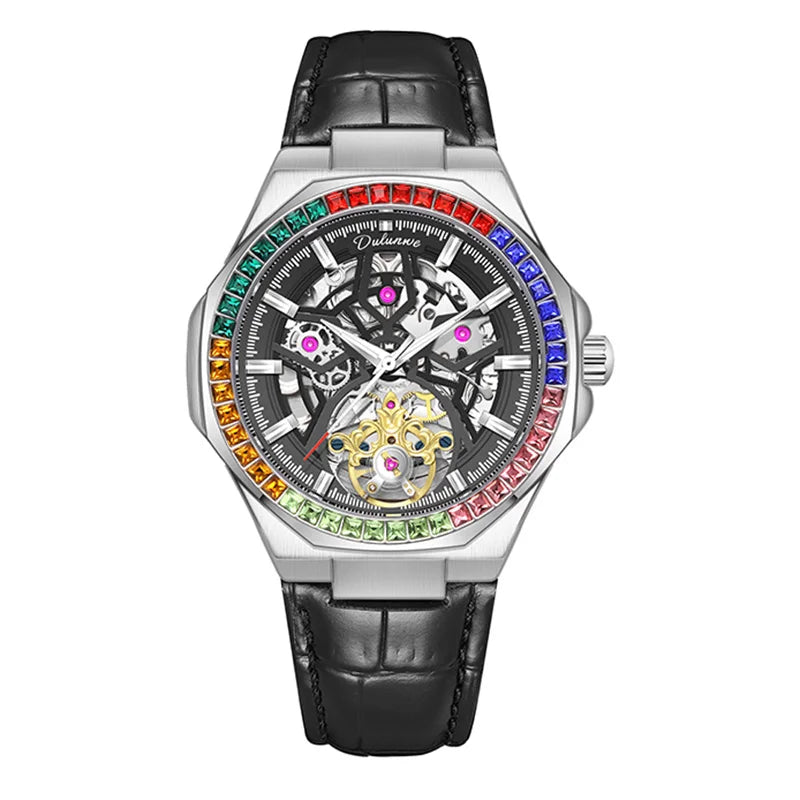 Montre Homme Tourbillon Automatique Mécanique – Lunette Gemmes Arc-en-Ciel Sport Business