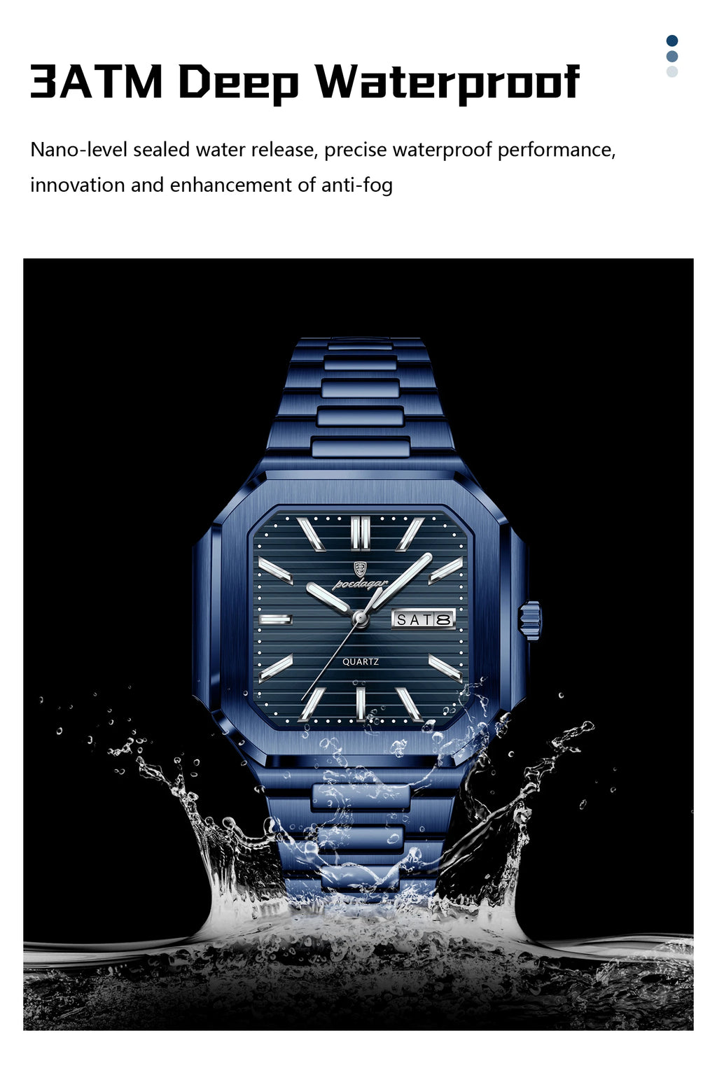 Montre Carrée Luxe Homme Poedagar – Quartz Étanche Lumineuse Date Semaine Acier Inoxydable Fashion